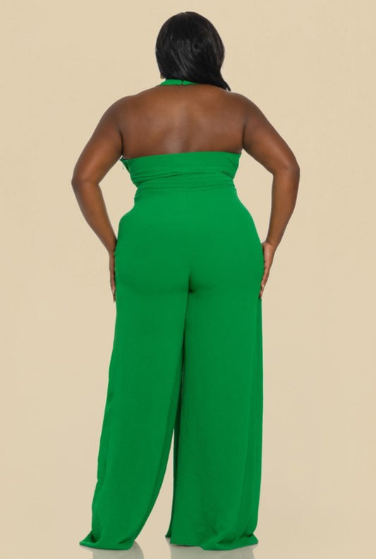 Plus Solid Halter Gathered Jumpsuit