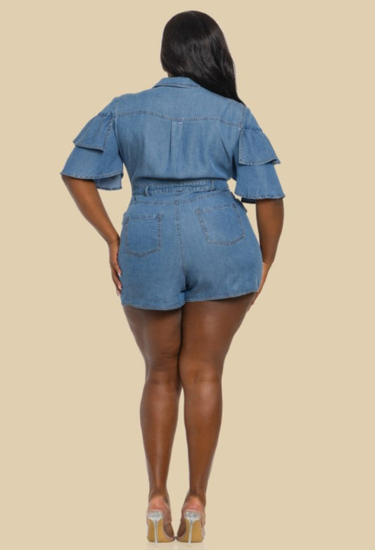 Plus Double Ruffled Denim Romper
