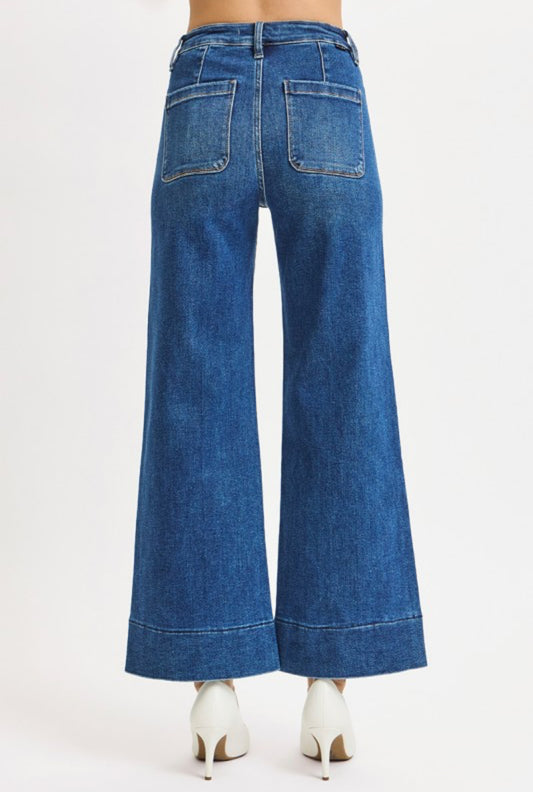 High Rise Crop Wide Front Patch Pocket Jeans