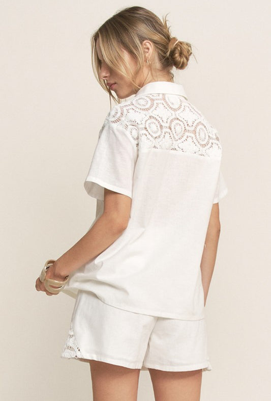 Crochet Detail Linen Top & Shorts Set