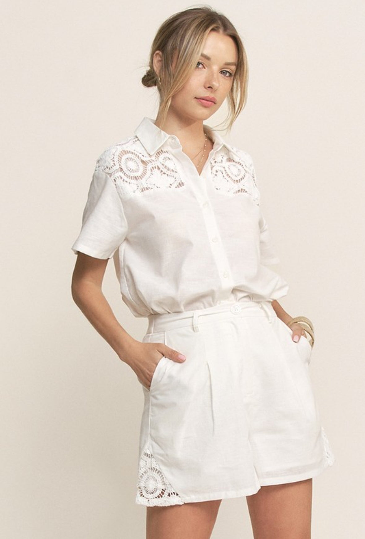 Crochet Detail Linen Top & Shorts Set