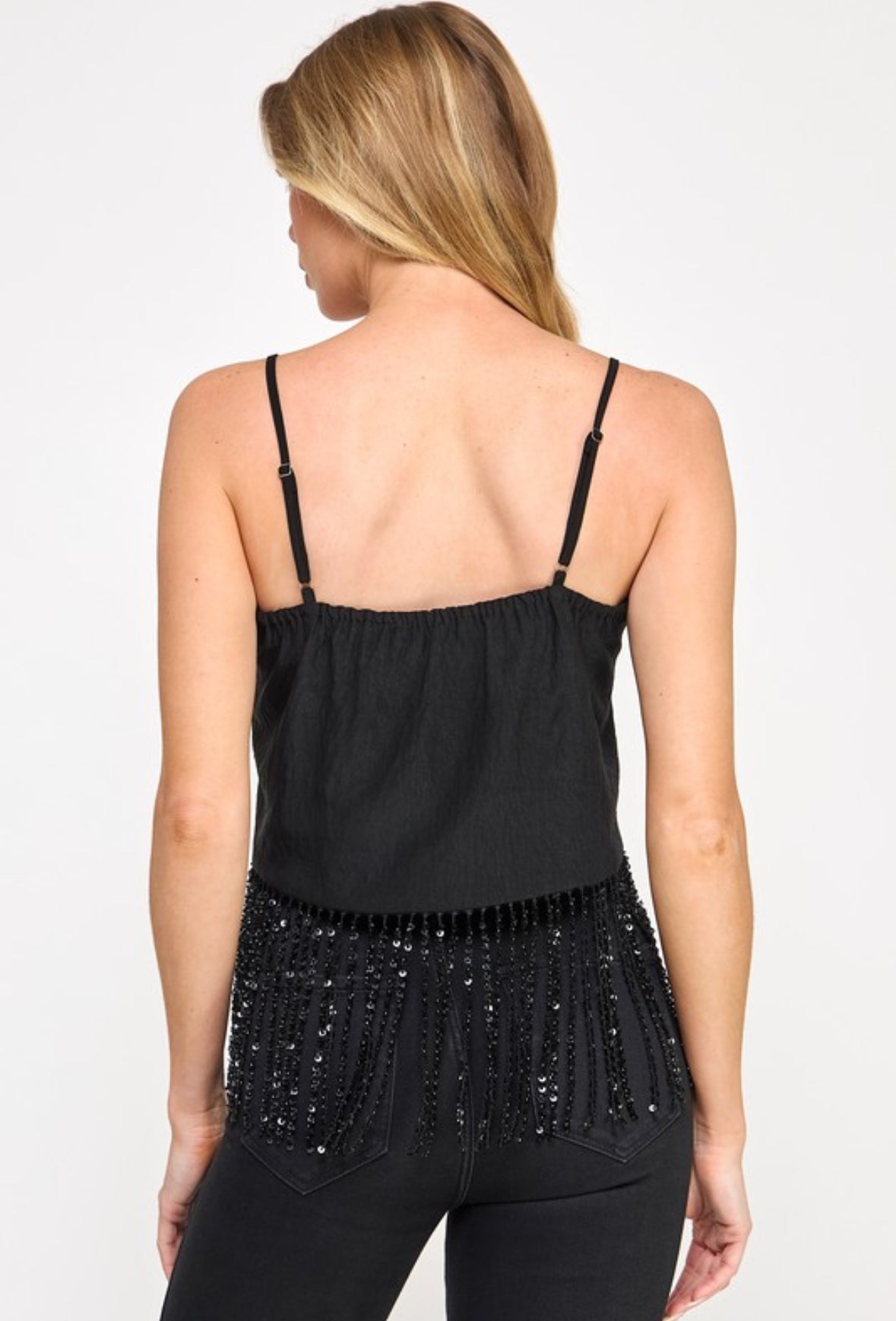 Tempo Crop Top -Sequin Fringe Front Tie Spaghetti