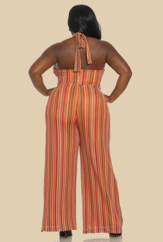 Plus Cinched Neckline Wide Leg Stripe Jumpsuit