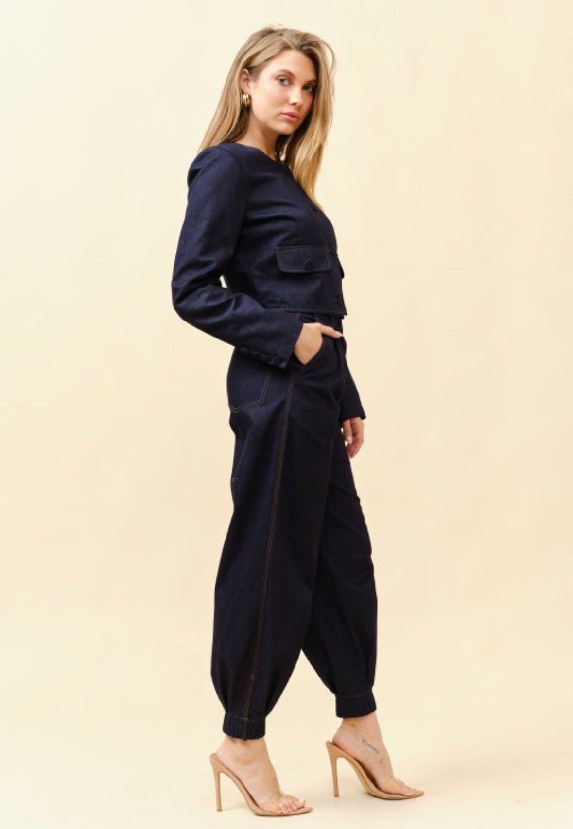 Denim Cropped Jacket And Pants Two Piece Set