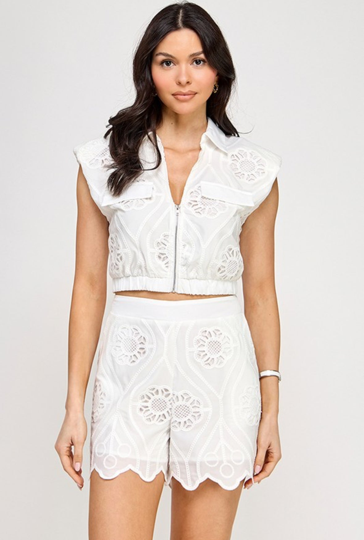 Eyelet Embroidered Power Shoulder Top and Shorts Set
