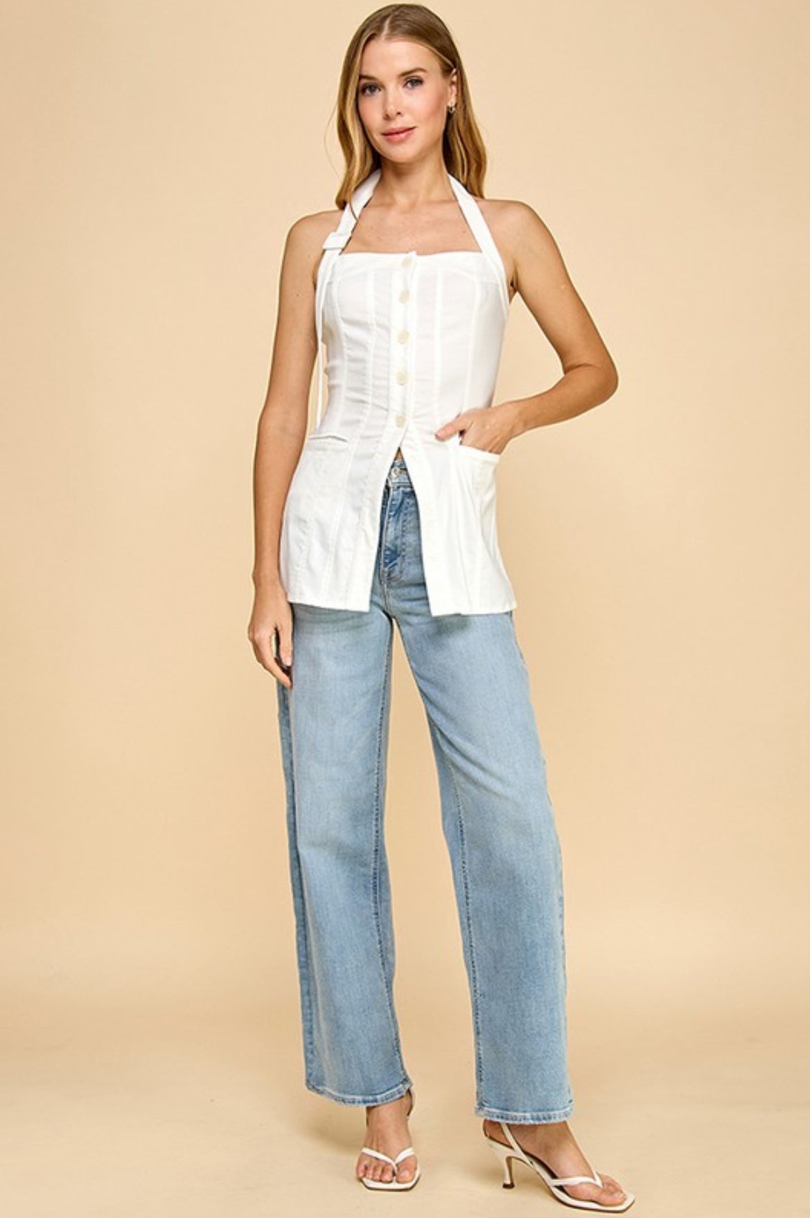 Front Button Down Halter Neck Strap Tunic Top