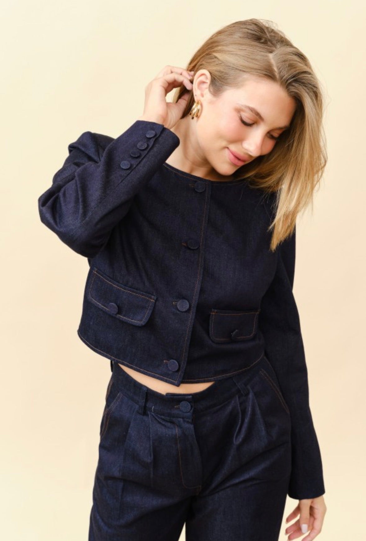 Denim Cropped Jacket And Pants Two Piece Set