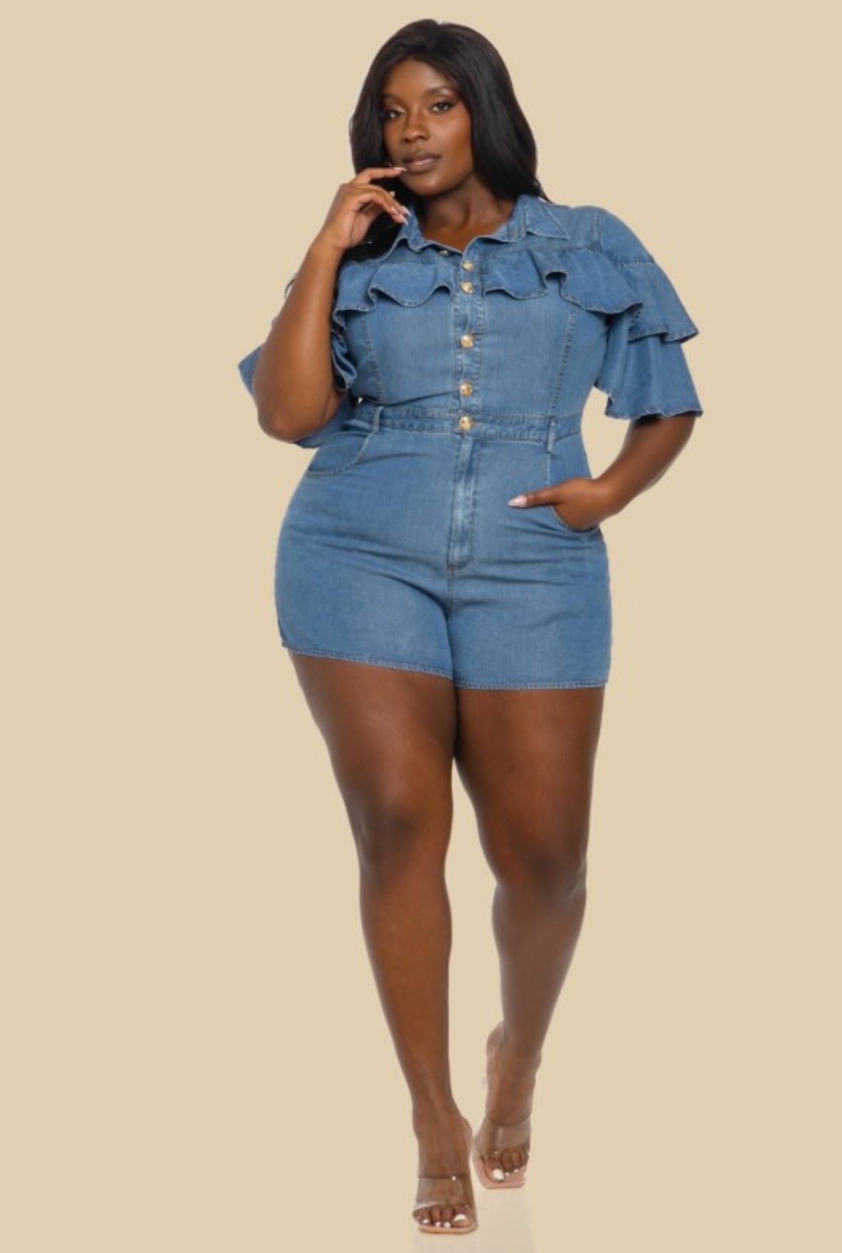 Plus Double Ruffled Denim Romper