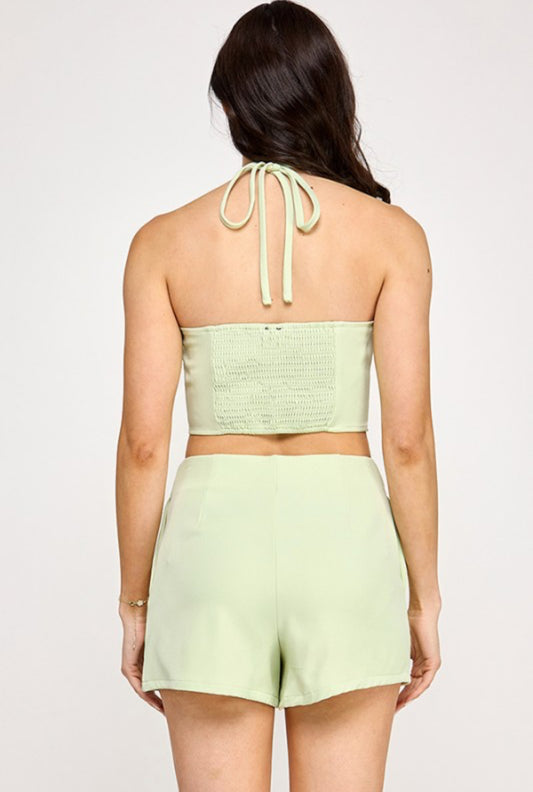 Crochet Flower Halter Neck Top with Shorts Set