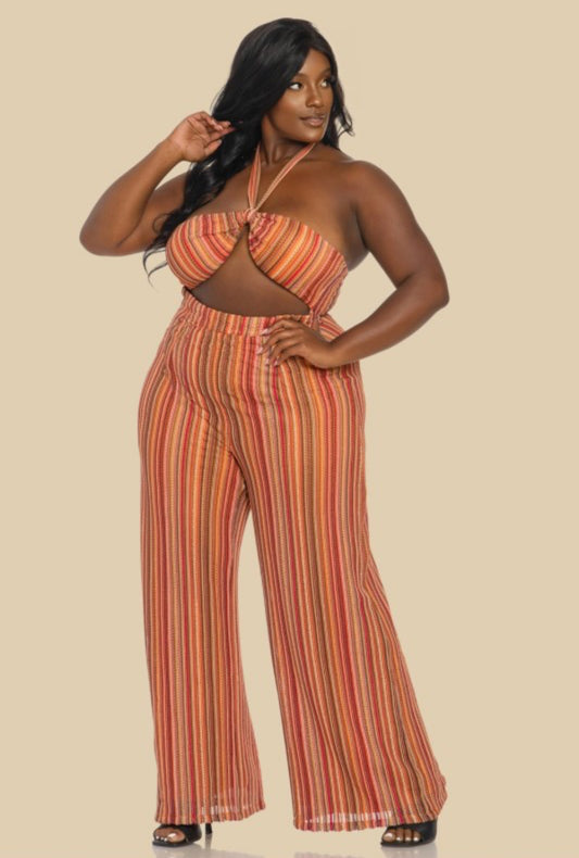 Plus Cinched Neckline Wide Leg Stripe Jumpsuit