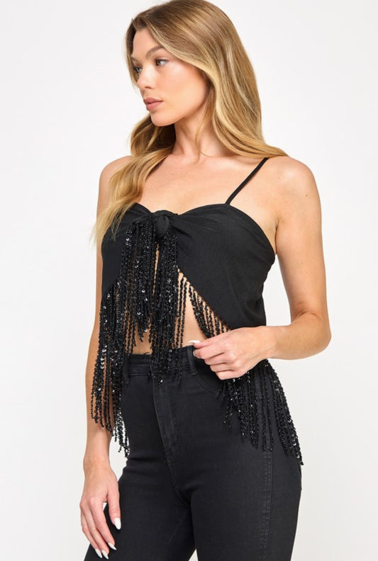 Tempo Crop Top -Sequin Fringe Front Tie Spaghetti