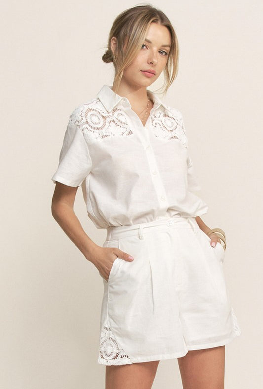 Crochet Detail Linen Top & Shorts Set