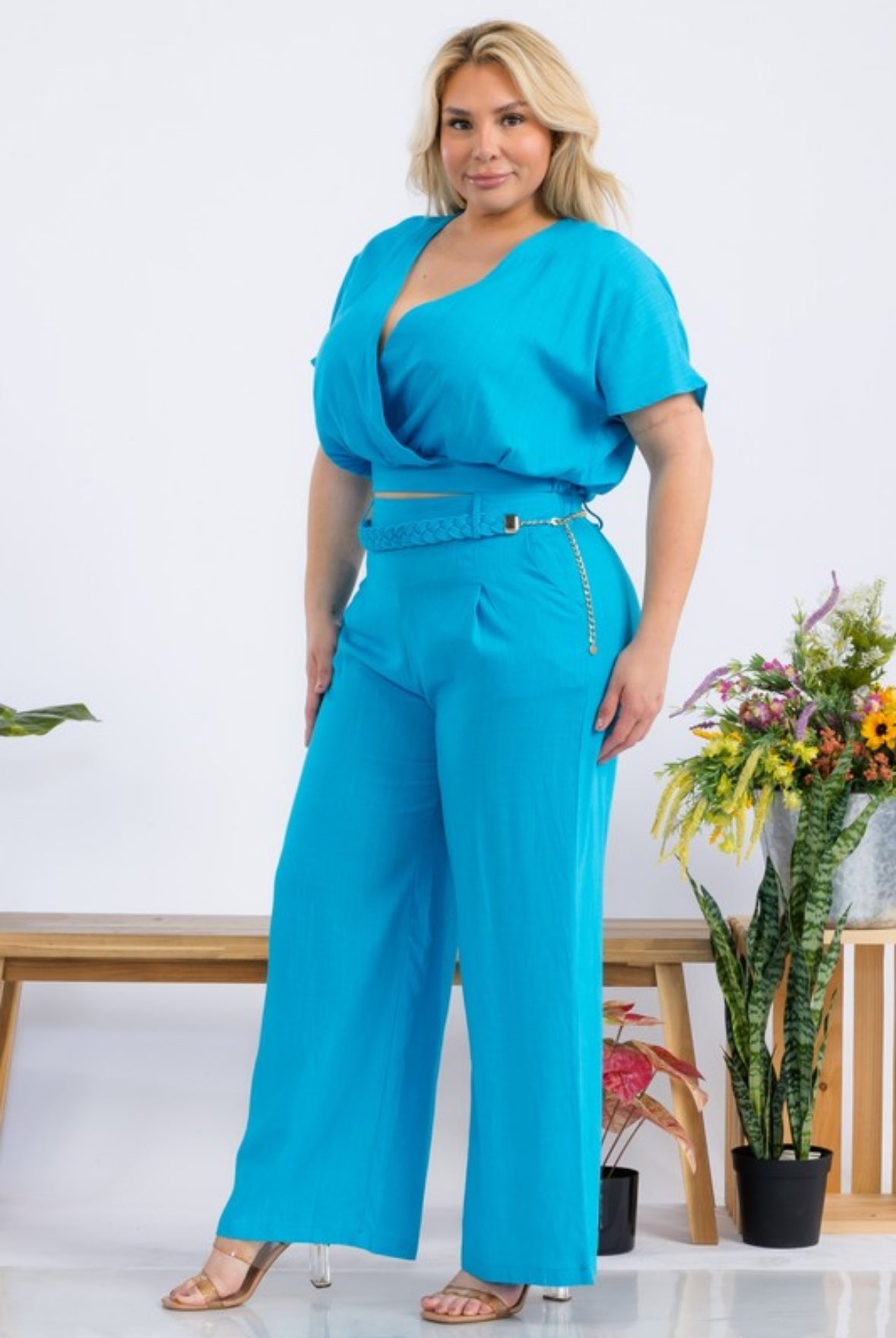Plus Size Solid Linen Set