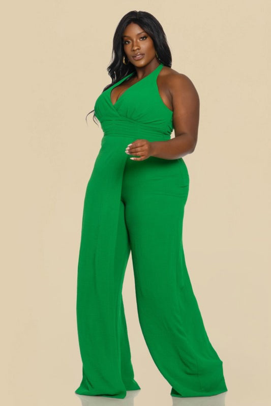 Plus Solid Halter Gathered Jumpsuit