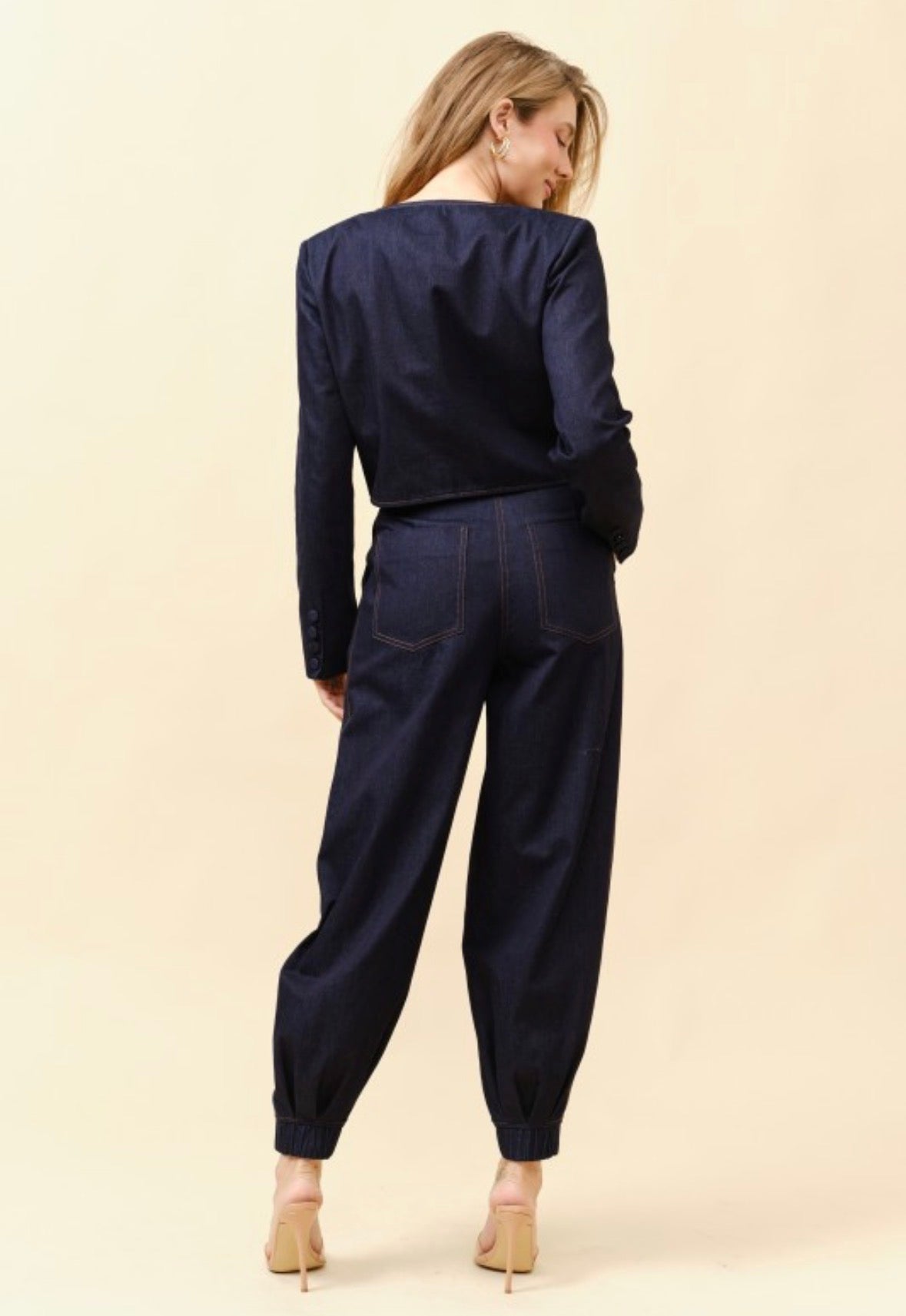 Denim Cropped Jacket And Pants Two Piece Set