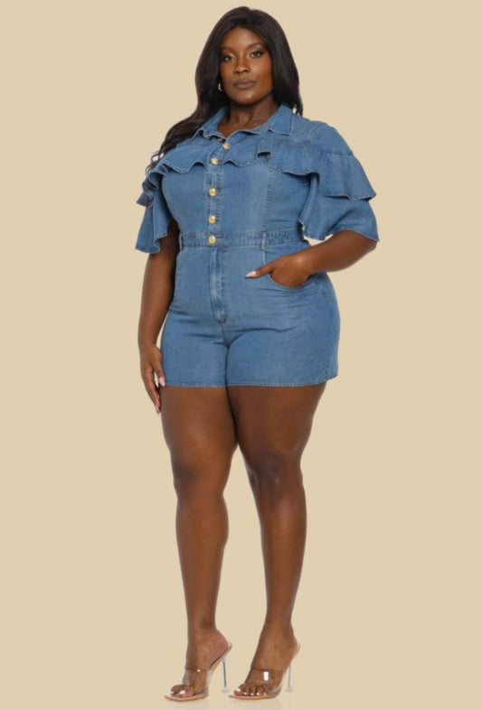 Plus Double Ruffled Denim Romper