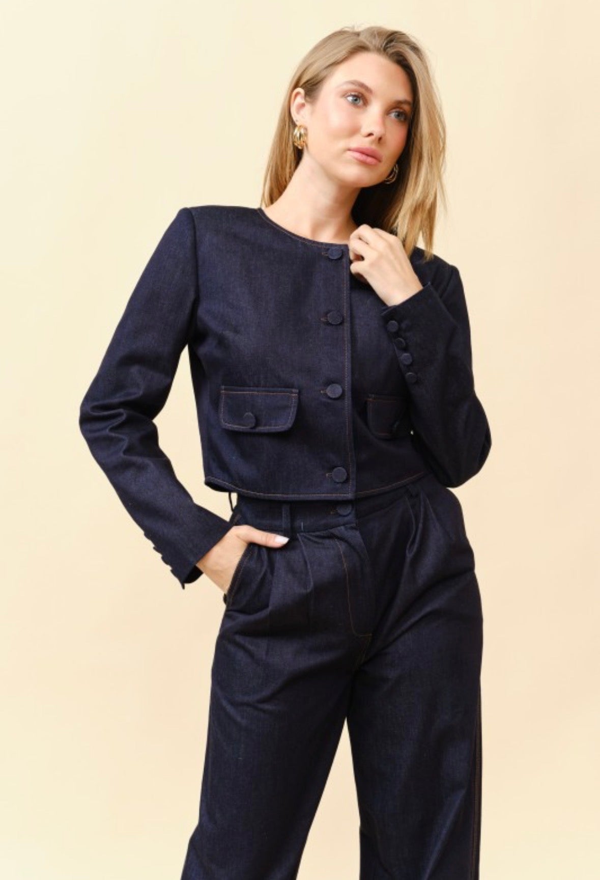 Denim Cropped Jacket And Pants Two Piece Set