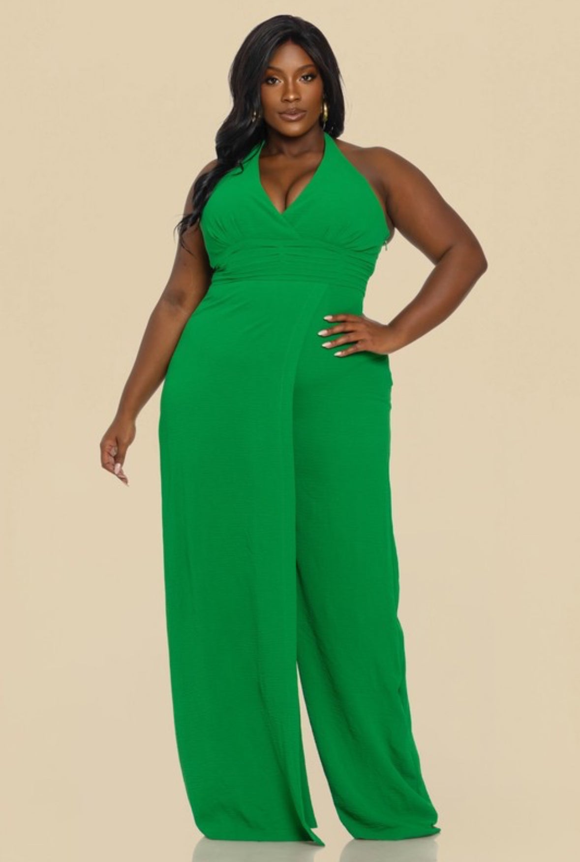 Plus Solid Halter Gathered Jumpsuit