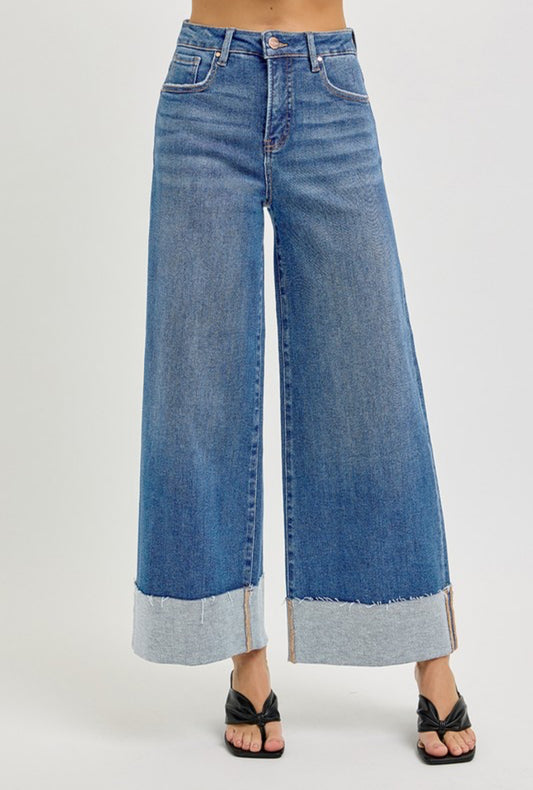 Tummy Control High Rise Crop Wide Cuffed Jeans