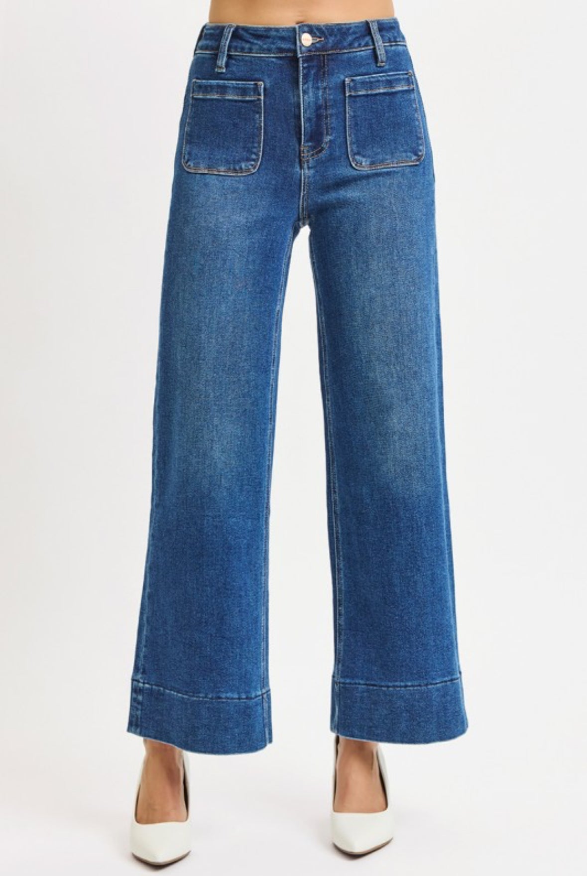 High Rise Crop Wide Front Patch Pocket Jeans