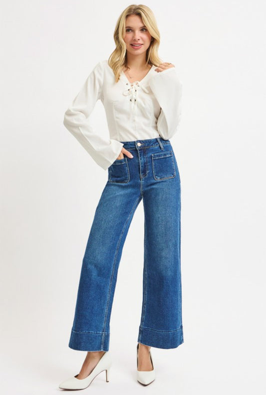 High Rise Crop Wide Front Patch Pocket Jeans